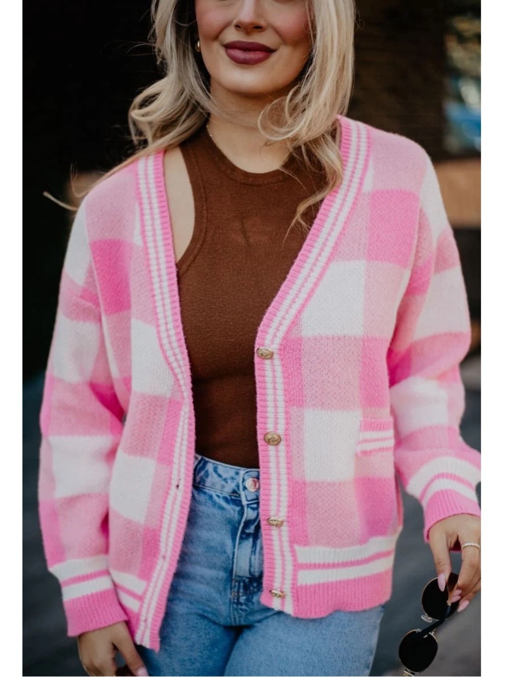 Katydid Pink and White Plaid Sweater